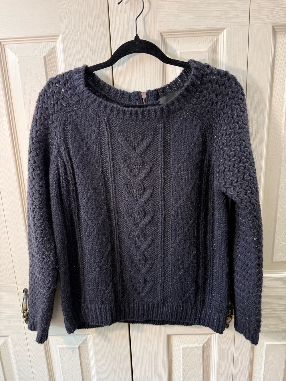 Cynthia Rowley Navy Blue Gold Metallic Fleck Cable Knit Wool Blend Sweater Large